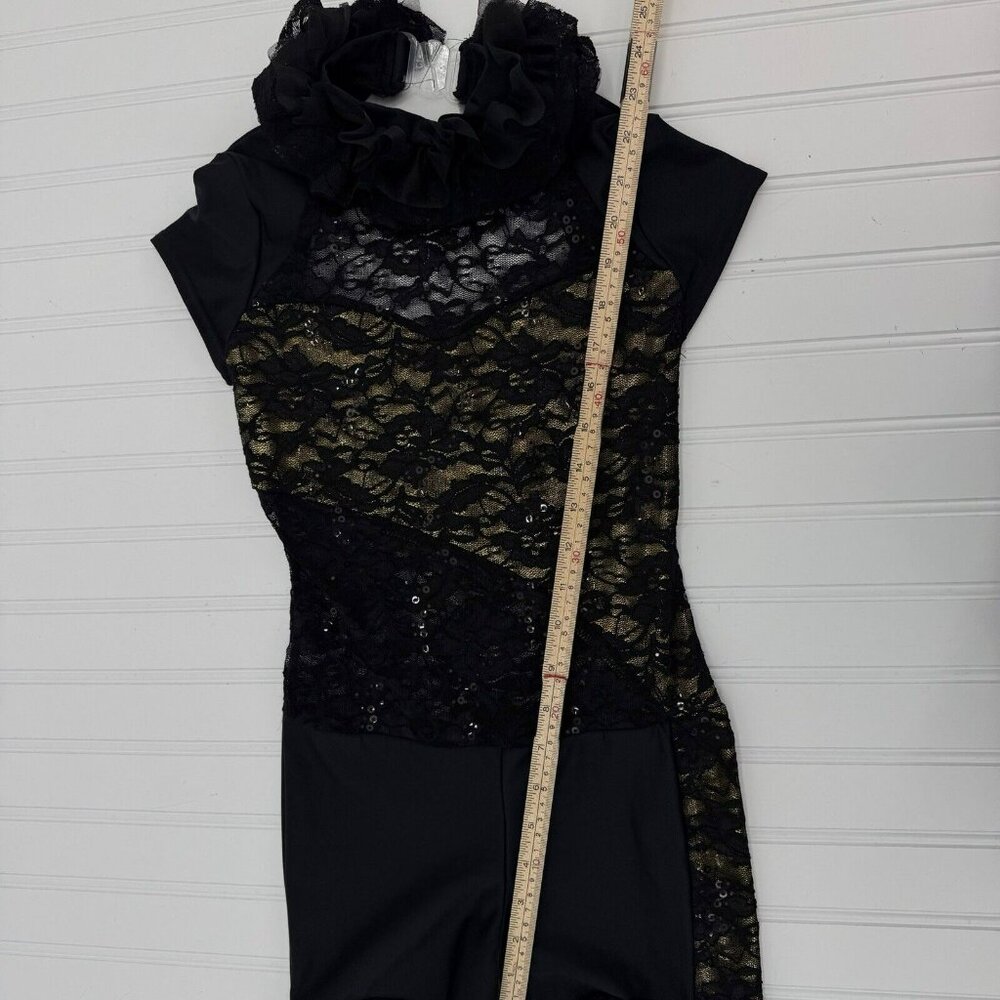 Dance Costume Black Gold Sequins Jazz Child Large Open Back “Bionic” - Picture 7 of 10